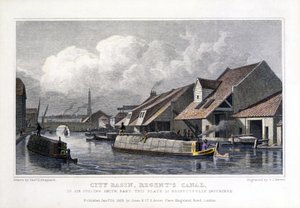 City Basin, Regents Canal, indgraveret af F.J. Havell, 1827